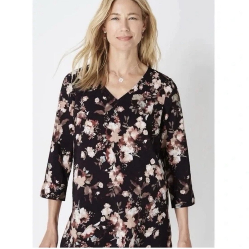 J. Jill 3/4 Sleeve Floral Tunic Black blouse‎ top Size medium